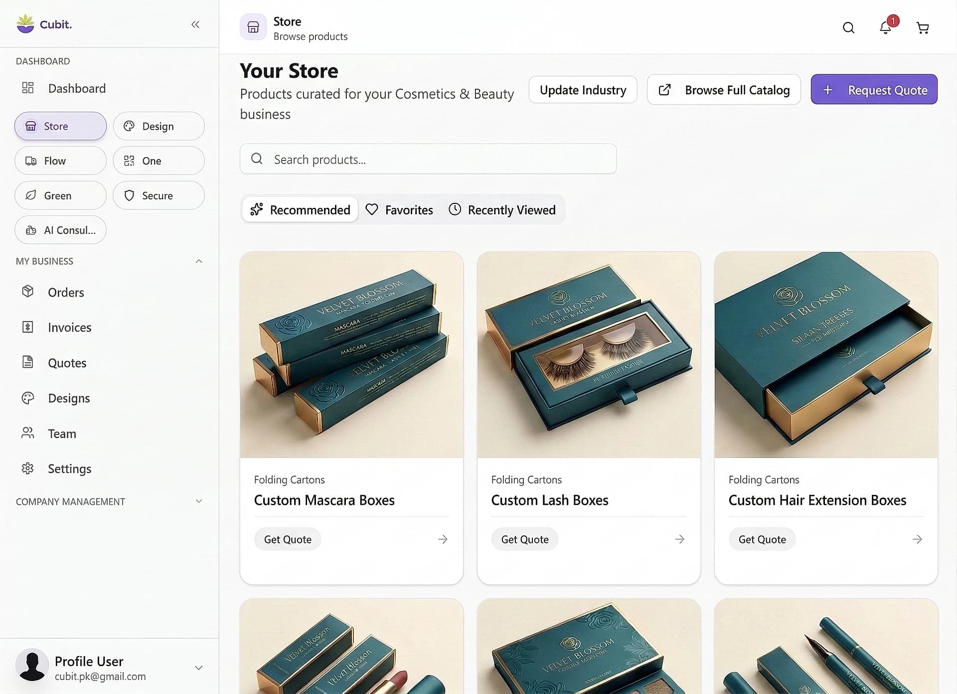 Cubit Store dashboard